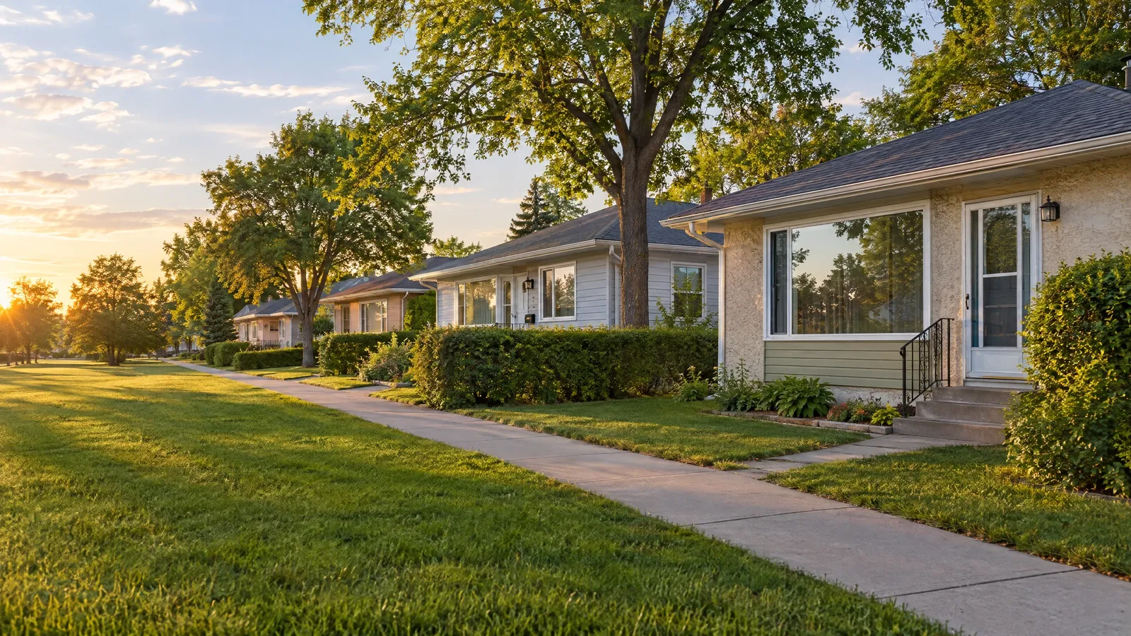 Row of 1950s stucco bungalows with large picture windows and storm doors in golden summer evening light