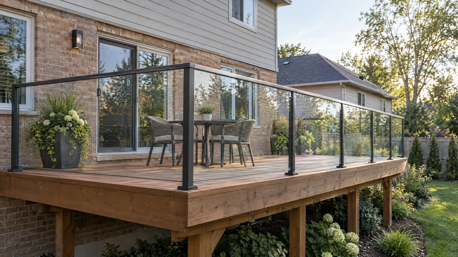 Wood backyard deck with glass railing panels and black posts beside a brick house