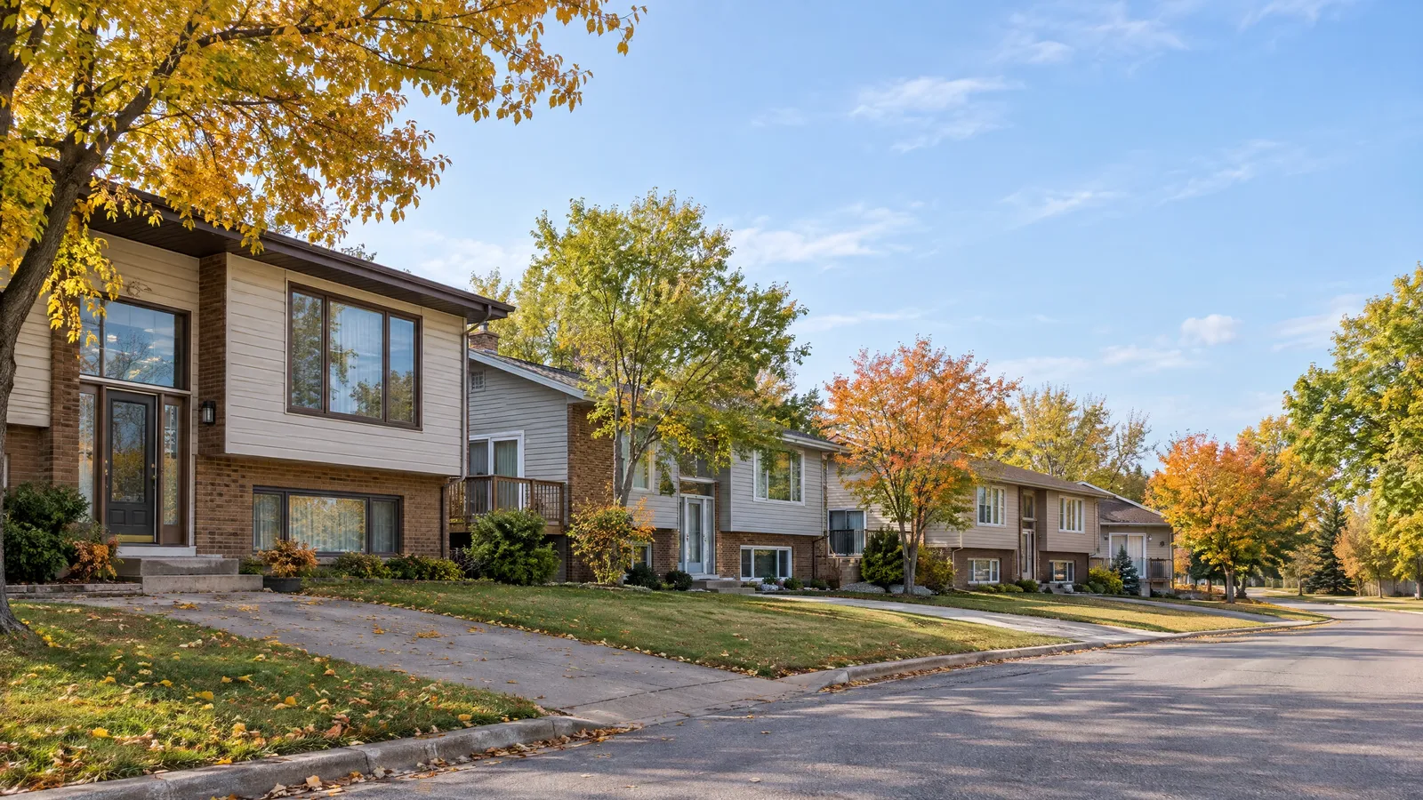 1970s and 80s bi-level homes on a curving street with autumn maples and mixed window frames