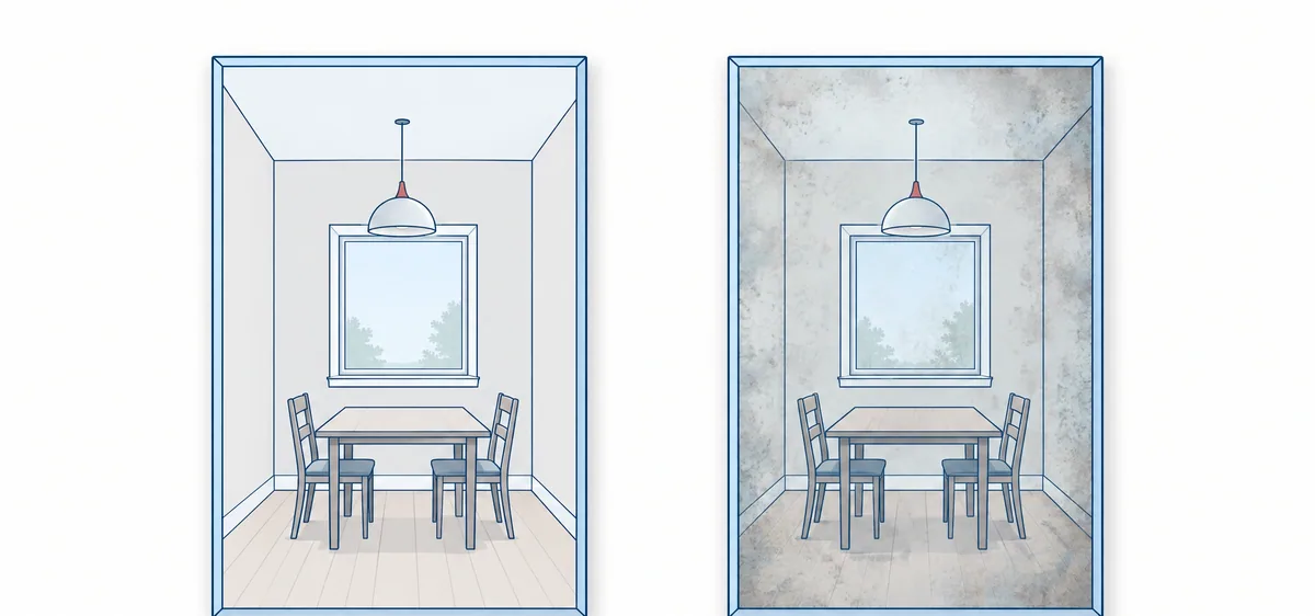 Two framed mirrors reflecting the same dining nook, one clear and one mottled antiqued mirror