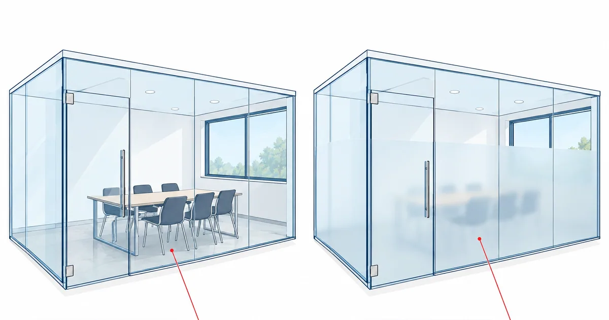 Two drawings of the same glass meeting room: one with clear walls, one with a frosted privacy band across the glass