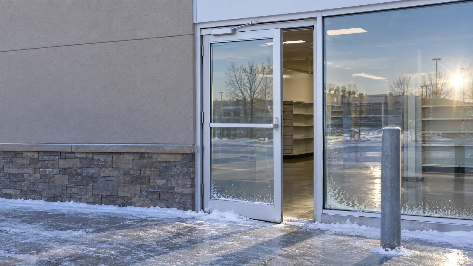 Aluminum glass entrance door slightly ajar with an overhead closer and blown snow at the threshold