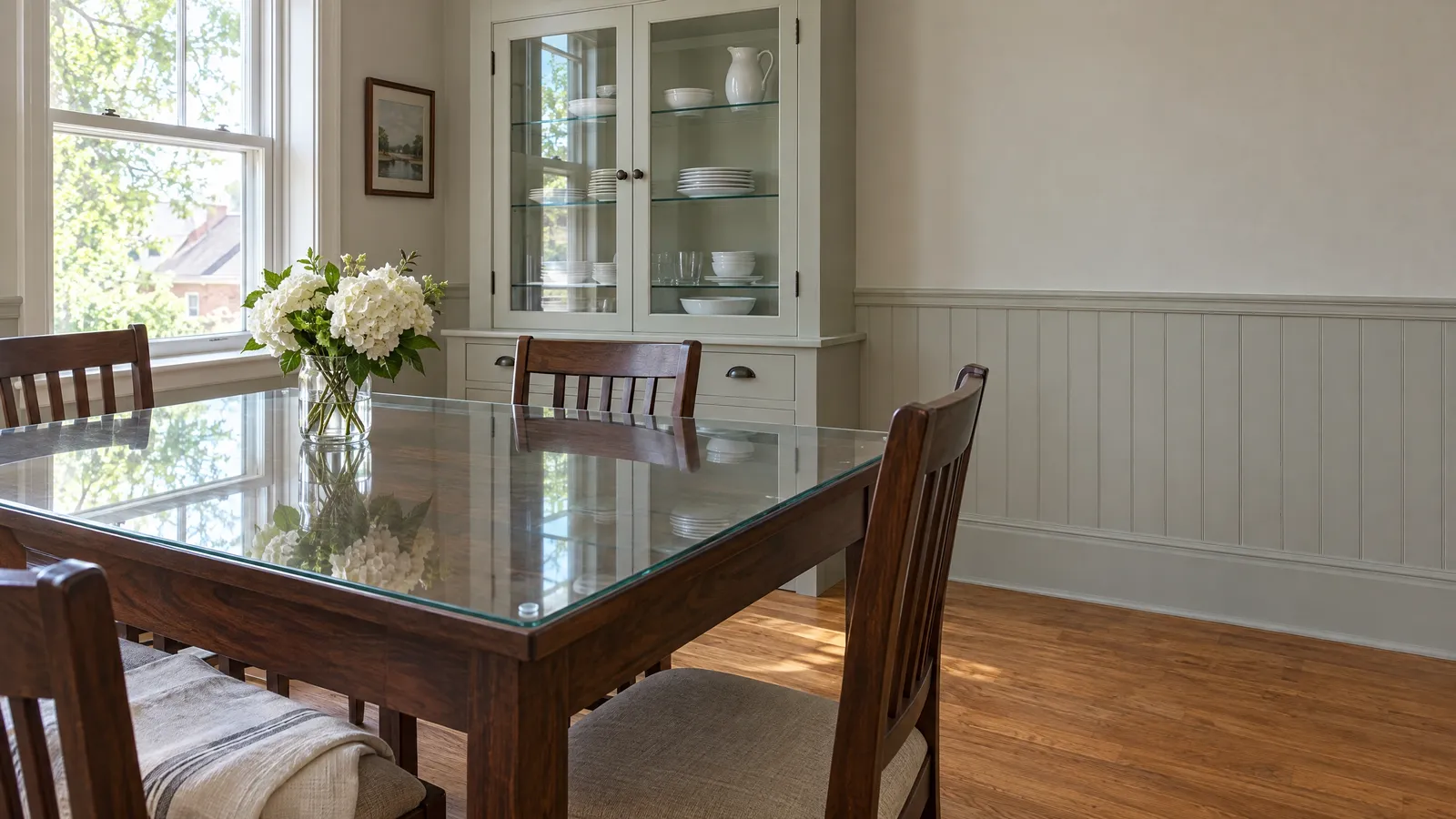 Walnut dining table with a polished-edge glass top, beside a painted hutch with clear glass doors and glass shelves