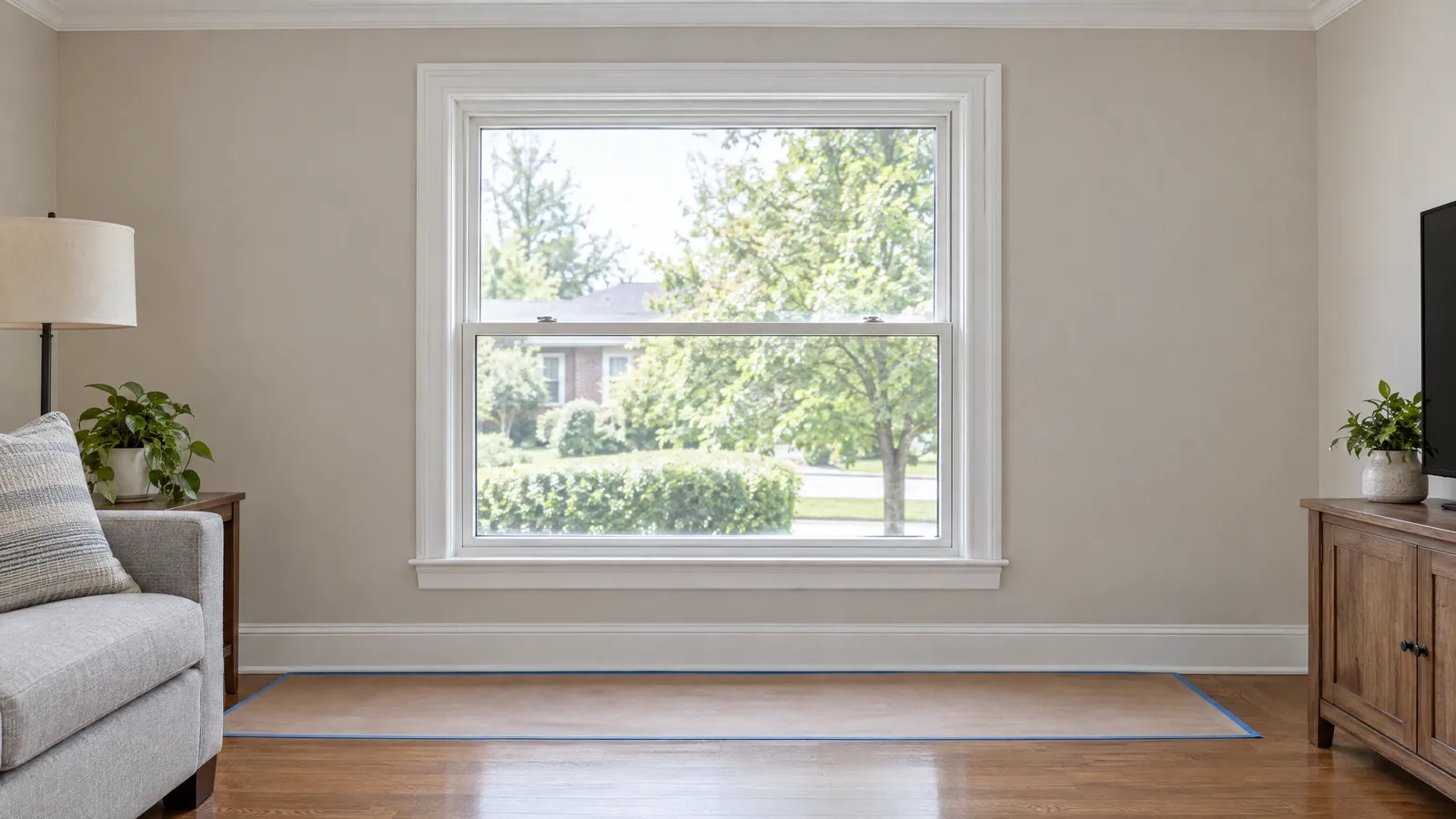 Living room with a white double-hung window and the floor protected by paper and blue tape