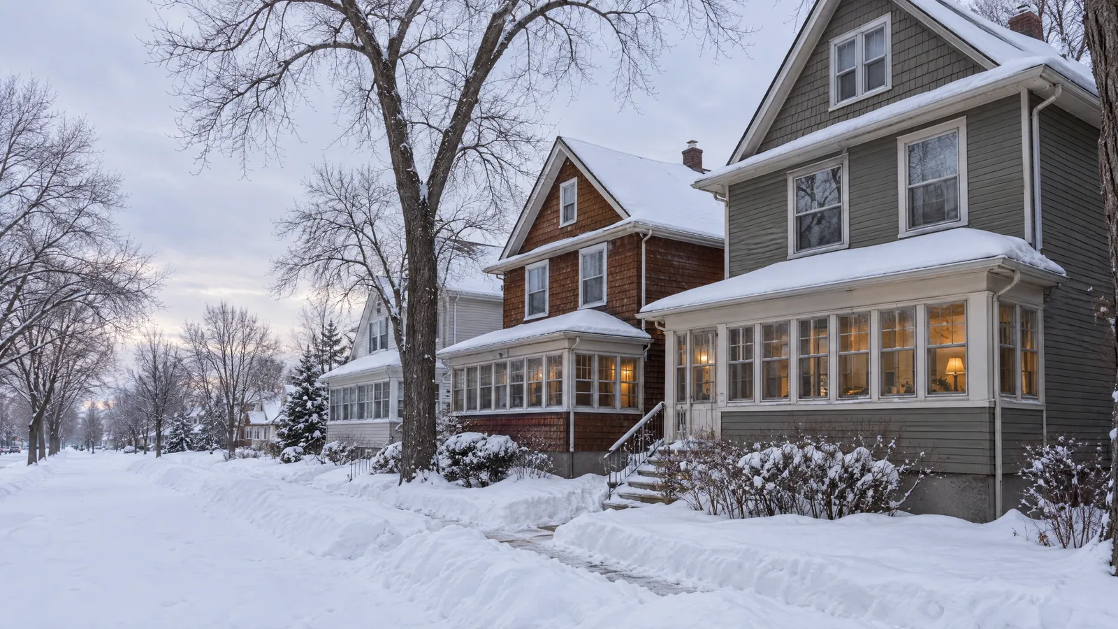 Early-1900s wood houses with enclosed front sunporches and storm windows under snowy elms