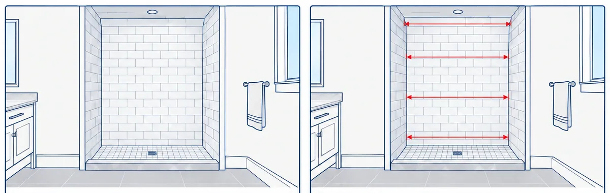 Sequence from a finished tiled shower opening to measurements, a glass panel detail and the installed enclosure