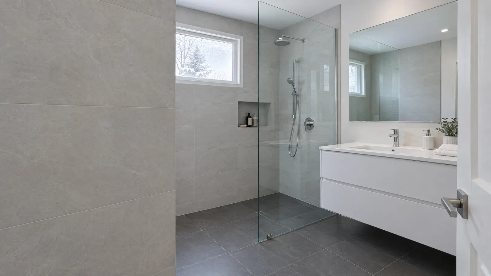 Bathroom with a frameless glass walk-in shower panel and a wide mirror above a white vanity, soft winter light