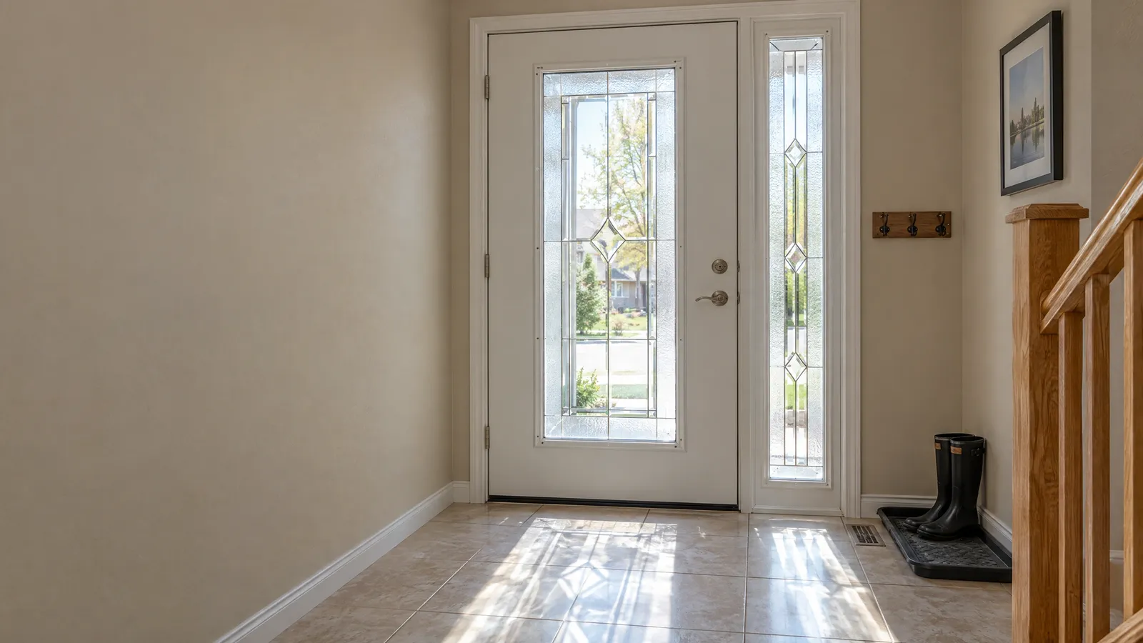 Front hall with a white front door holding a tall bevelled glass insert and a matching sidelight, afternoon sun on the tile floor