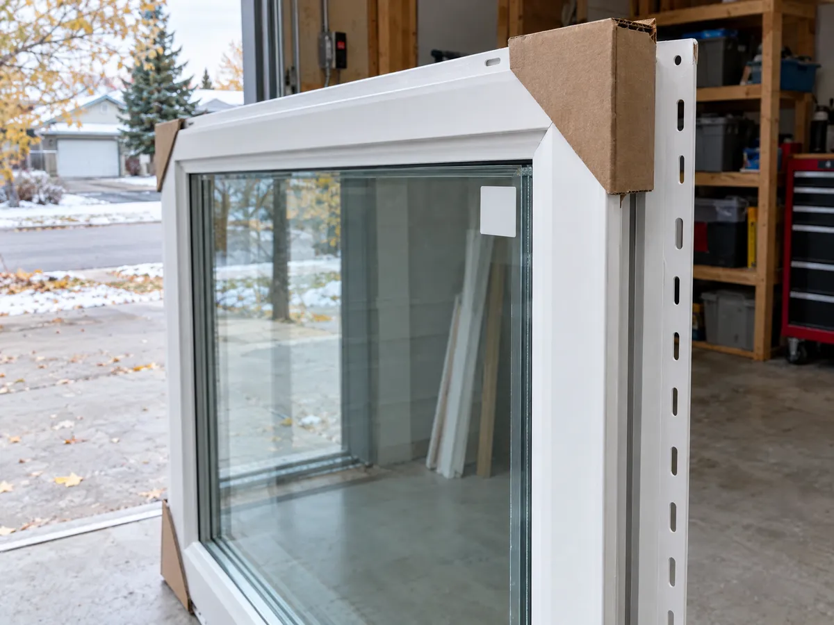 Corner of a new full-frame white triple-pane window with cardboard corner protectors and a label still on the glass, standing in a garage