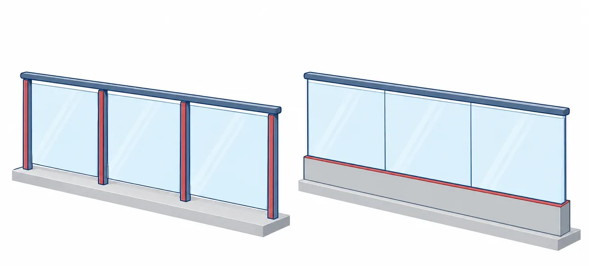 Diagram comparing a glass railing with visible posts and a post-free glass railing set in a base shoe