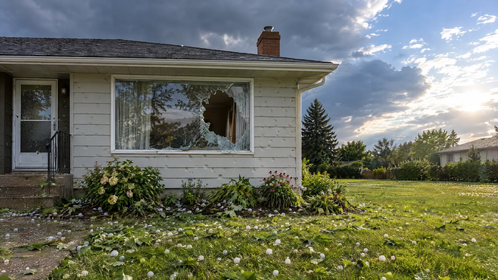 Bungalow front window broken by hail, with hailstones and shredded leaves on the lawn as storm clouds clear