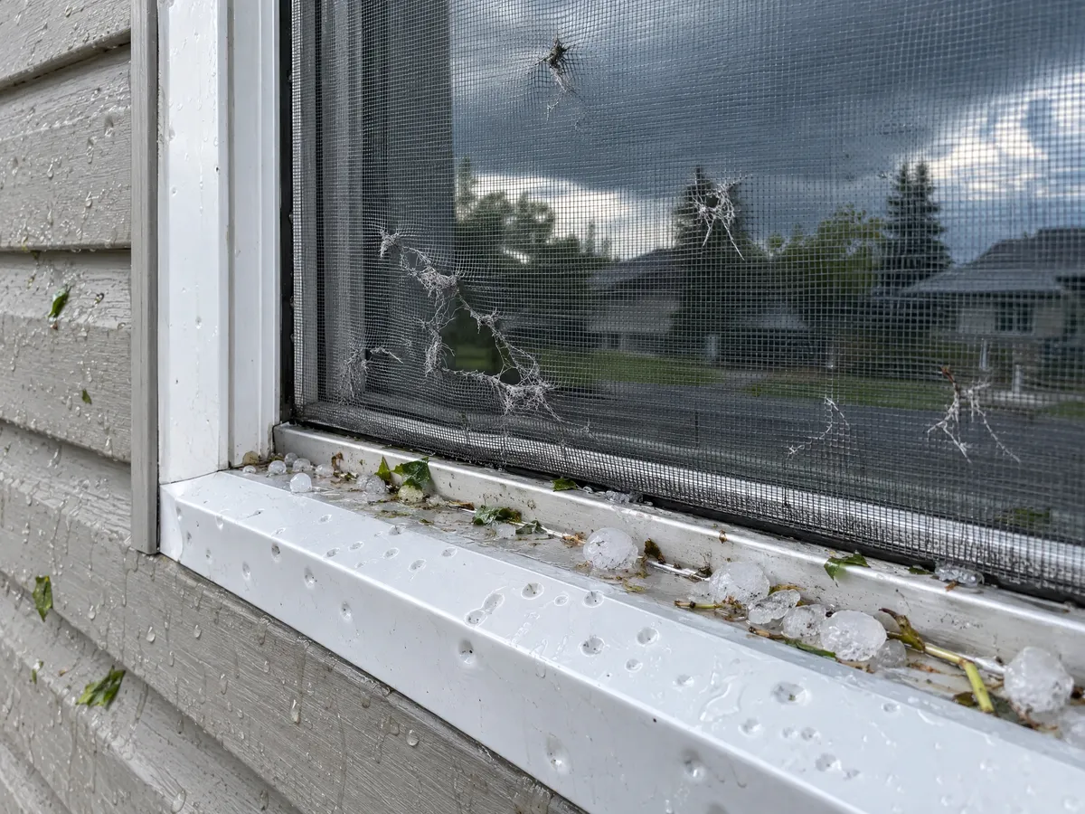 Close-up of a window screen punctured by hail and dented aluminum sill capping, with hailstones sitting in the track