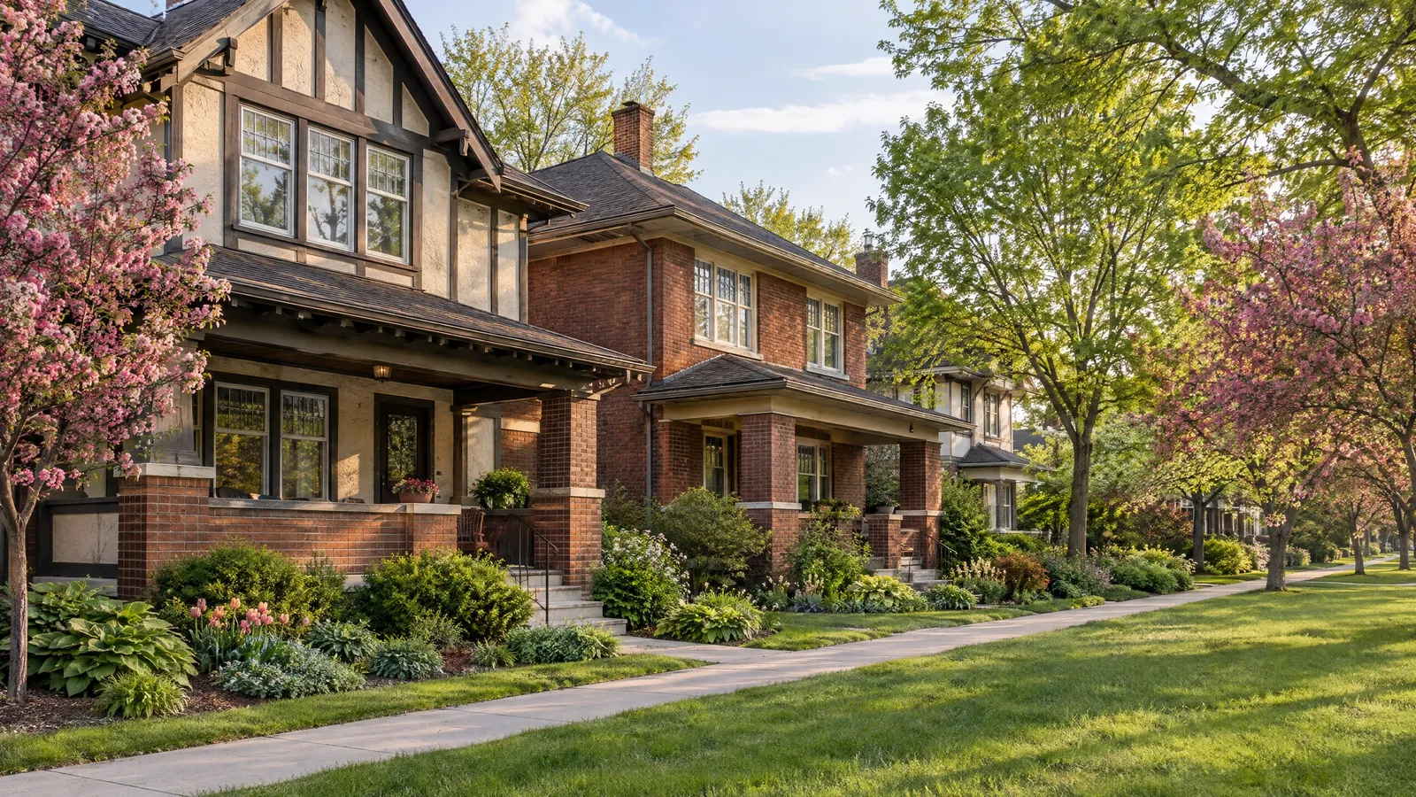 1920s stucco and brick homes with leaded-glass upper windows and pink crabapples in bloom