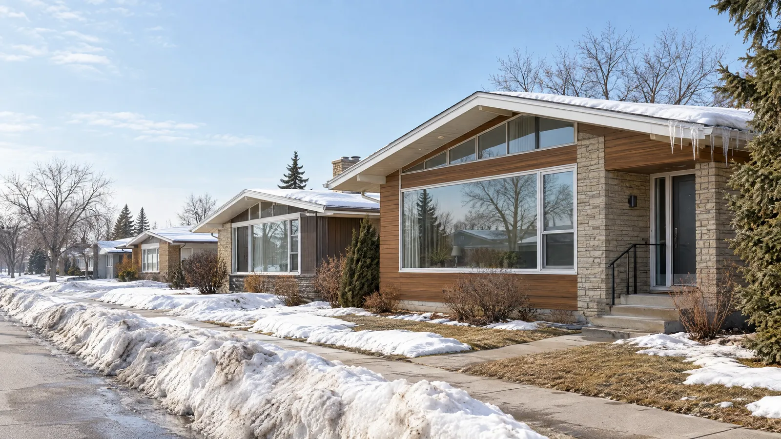 Mid-century modern bungalows with big picture windows and clerestories, melting snow in late winter