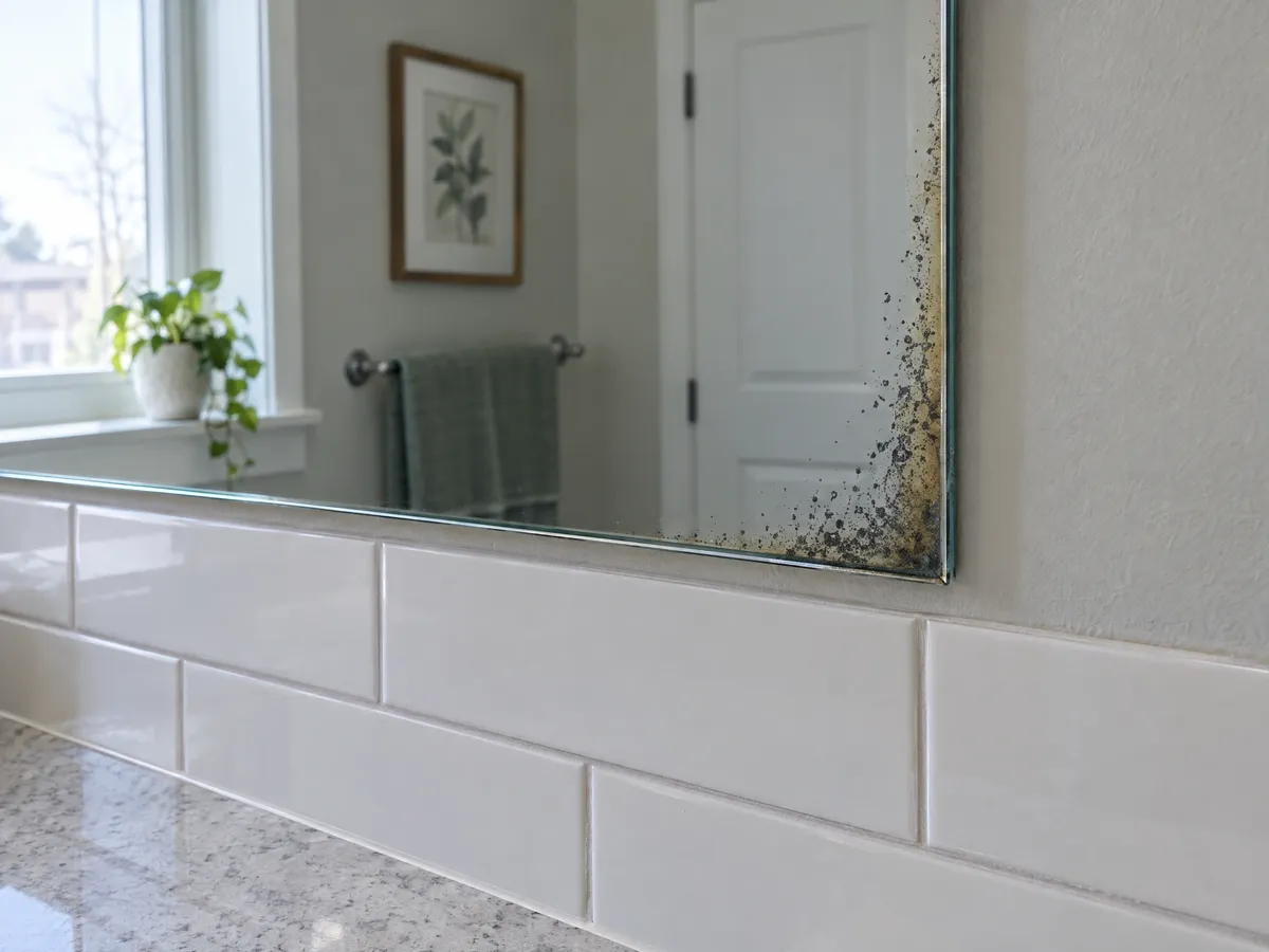 Corner of an older bathroom mirror above white subway tile, with dark speckles where the silver backing has worn away