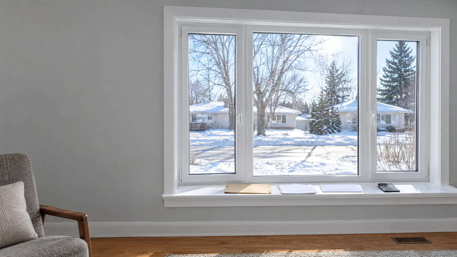 Newly installed white triple-pane casement and picture window with a folder, papers, an envelope and a calculator on the sill, snowy street outside