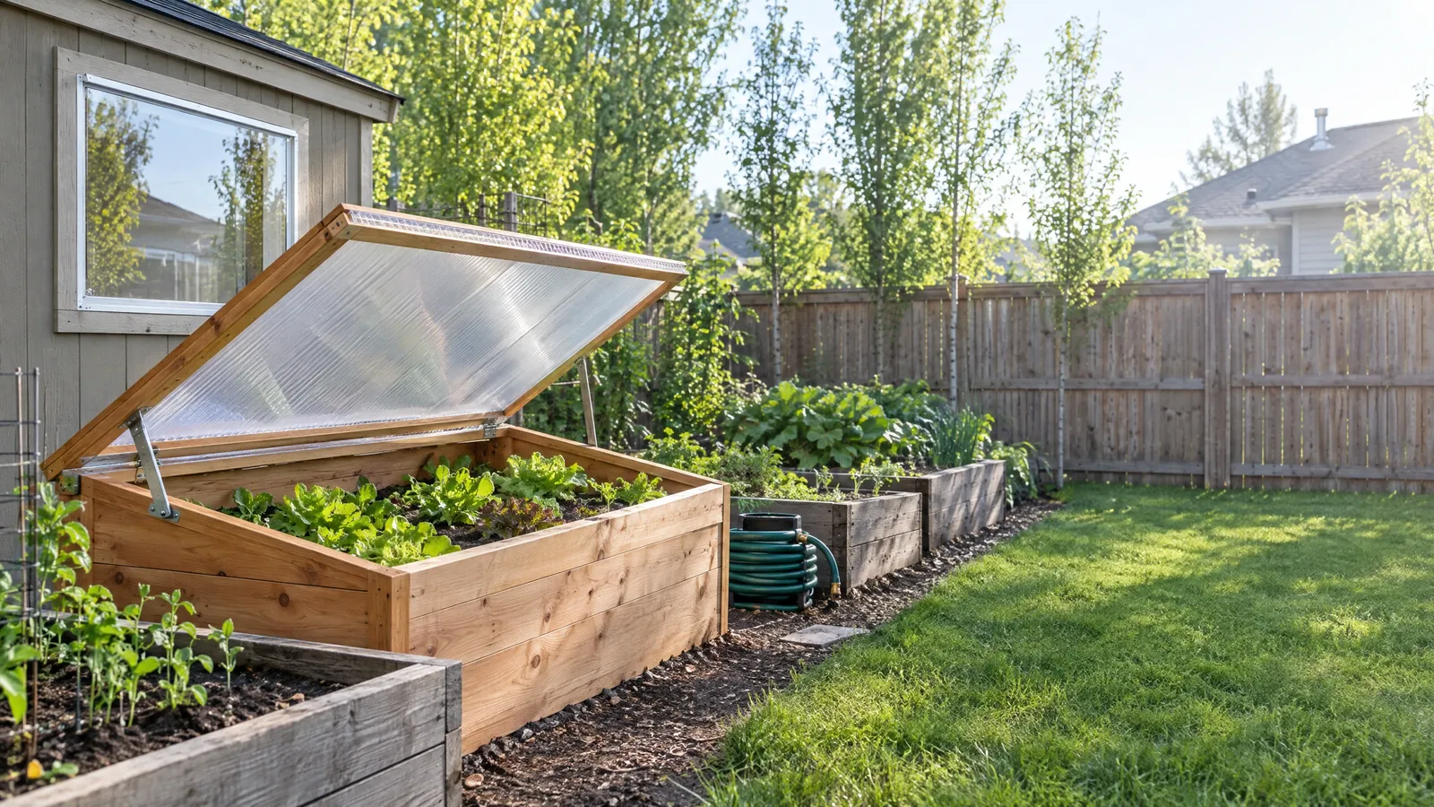 Cedar cold frame propped open with a clear polycarbonate lid over seedlings, next to a shed window glazed with acrylic