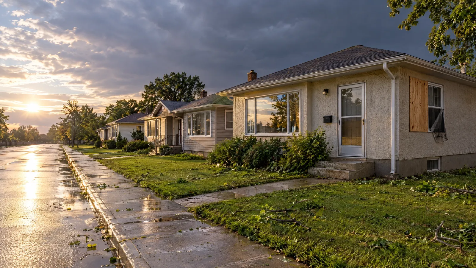 Postwar bungalows on a wet street after a summer storm, one window boarded and a screen torn, sun breaking through