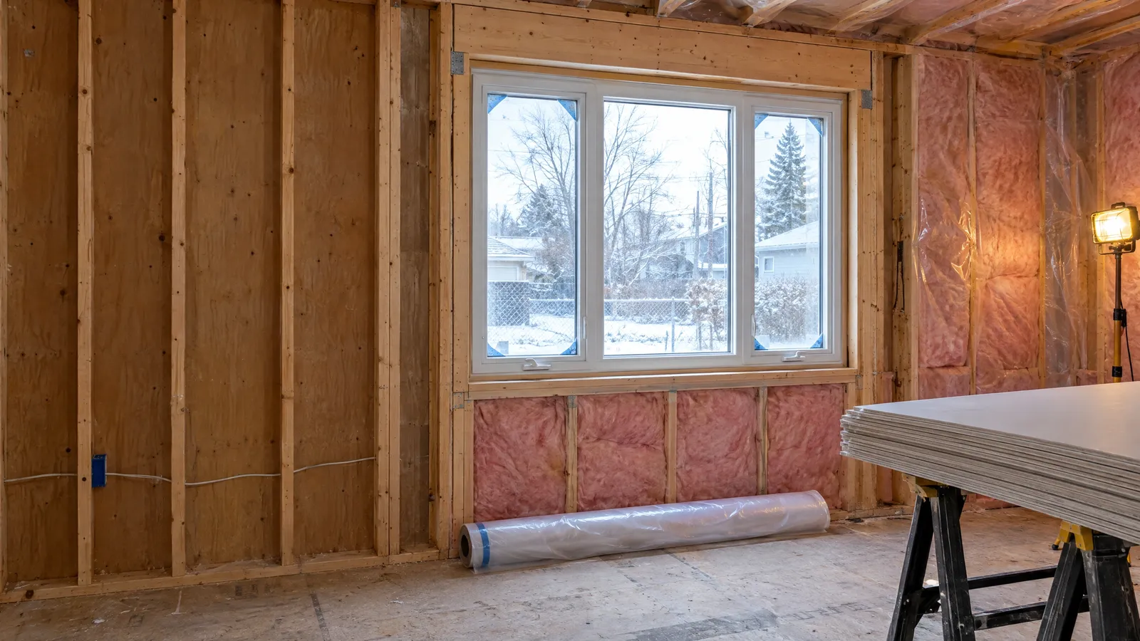 Renovation room stripped to the studs with a new white window in a framed opening
