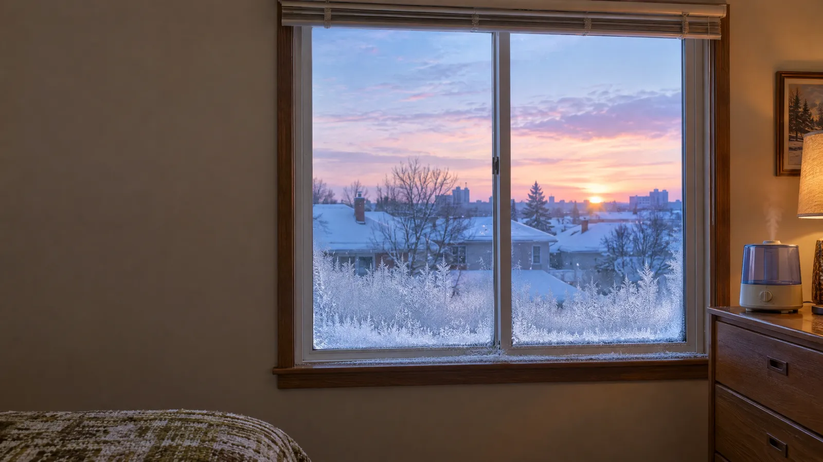 Bedroom window at dawn with thick frost on the inside of the lower glass and along the sill, a humidifier running on the dresser beside it
