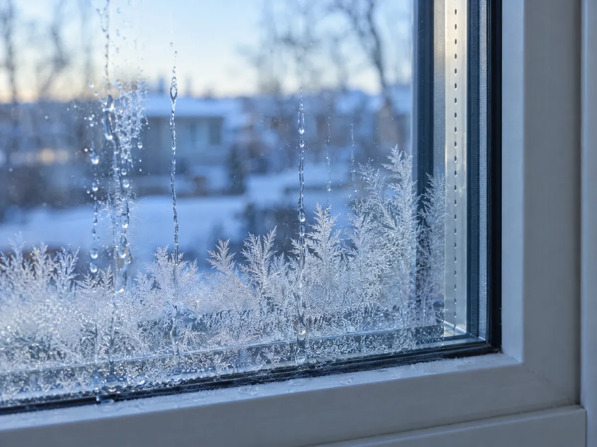 Close-up of ice crystals and melt tracks on the inside surface of window glass, with the space between the panes clear and dry