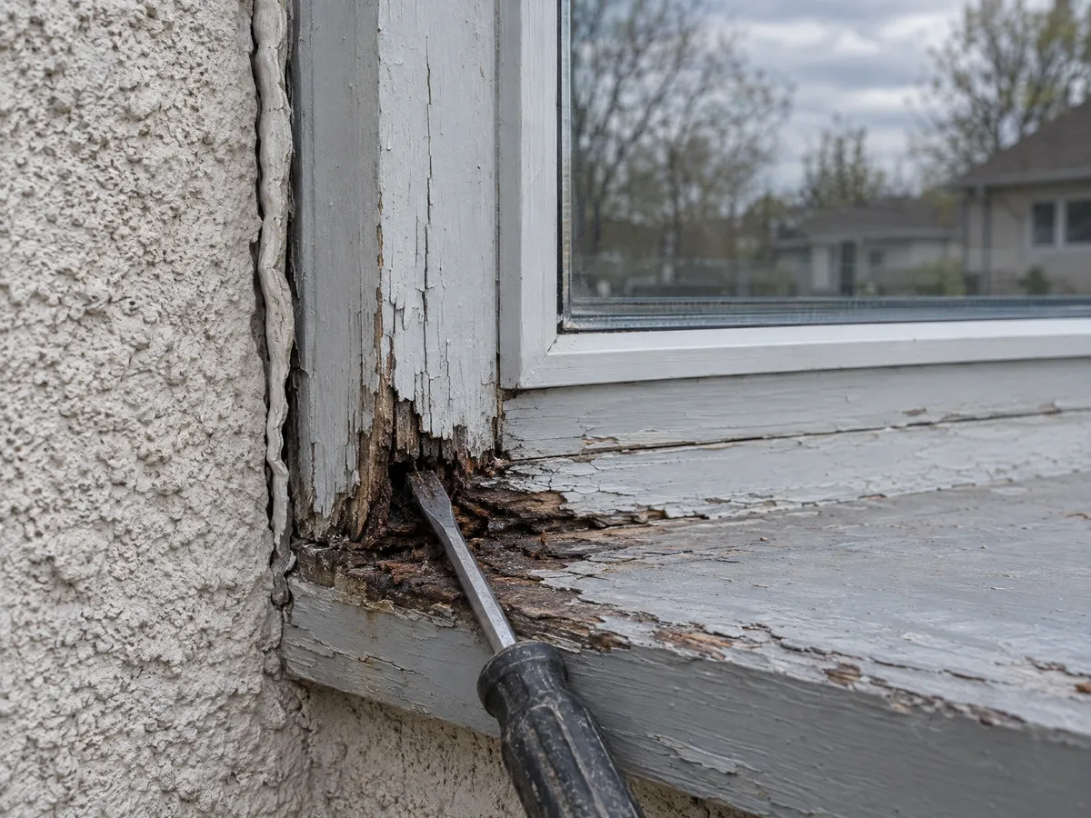 Screwdriver pushed into a soft, rotted corner of a painted wood window sill beside a stucco wall