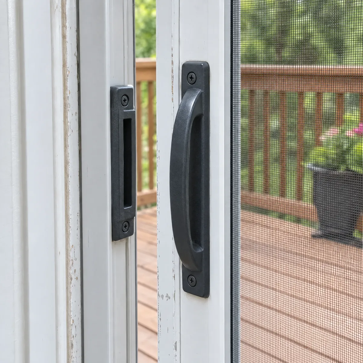 Close-up of an intact black pull handle on the same white sliding screen door