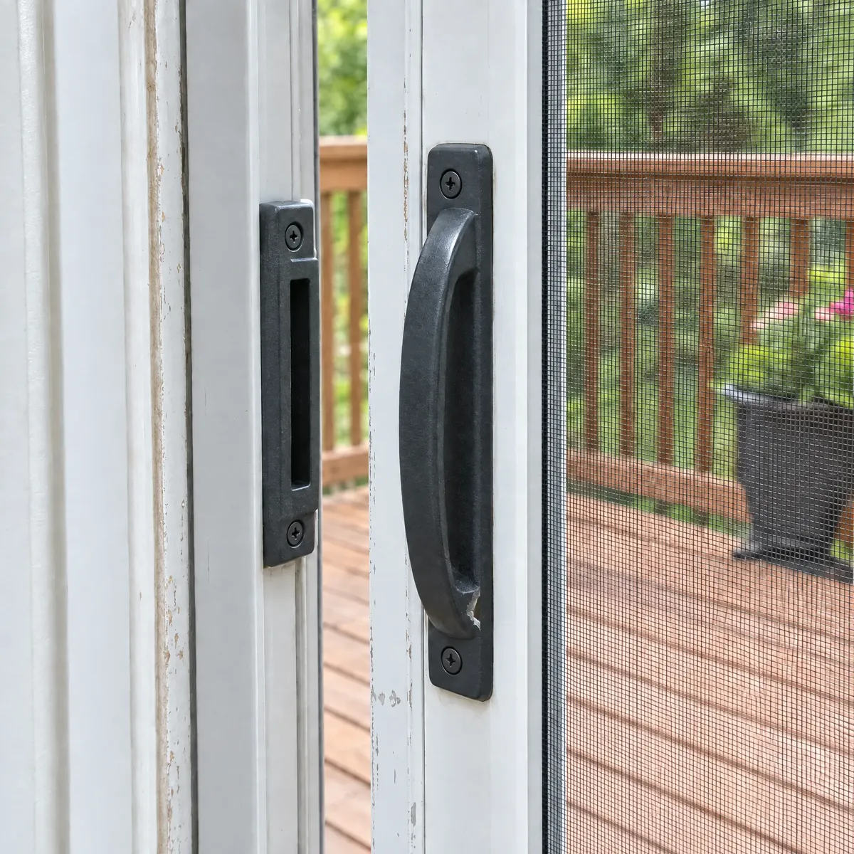 Close-up of a worn, chipped black pull handle on a white sliding screen door beside a deck
