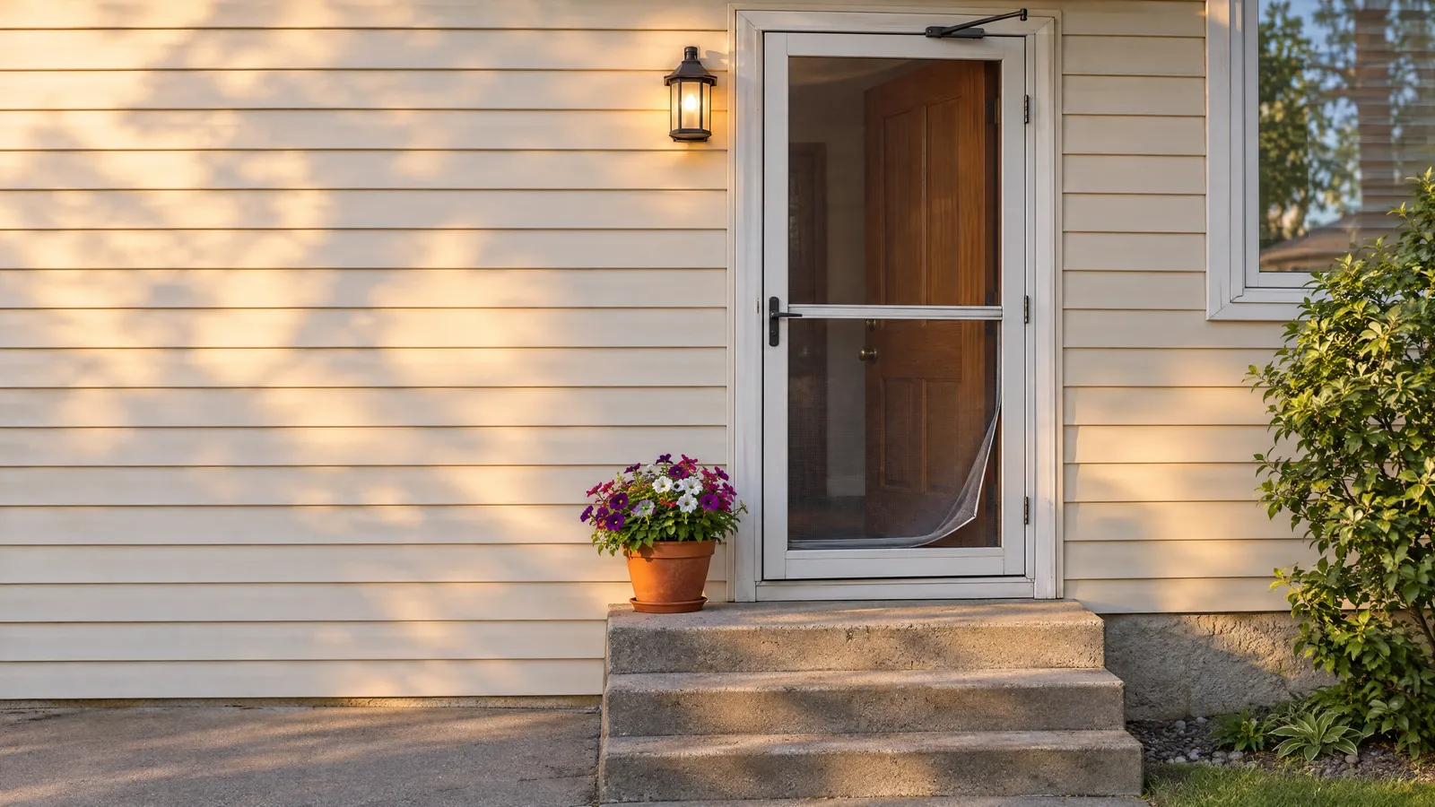 White aluminum screen door at a bungalow side entry, its lower mesh pulled loose from the frame in evening light