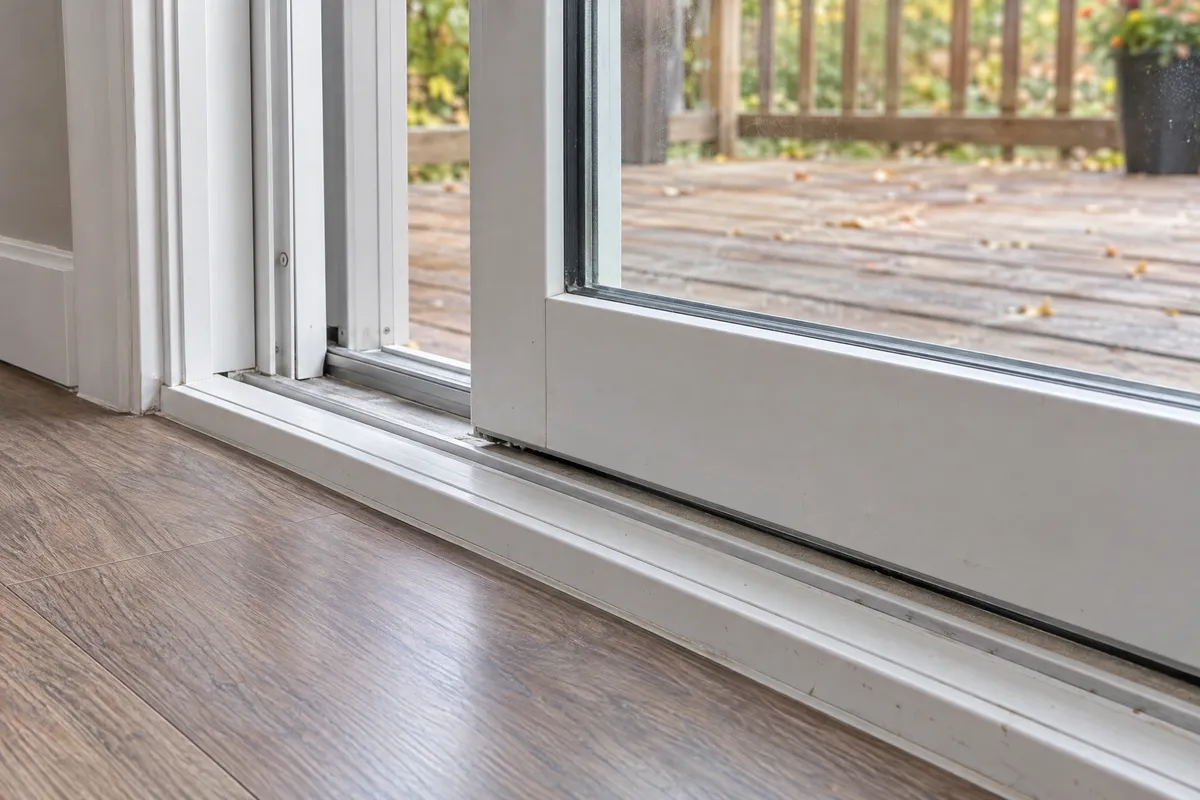 Lower track and sill of a white sliding patio door, with grit and leaves caught in the track and a wood deck outside