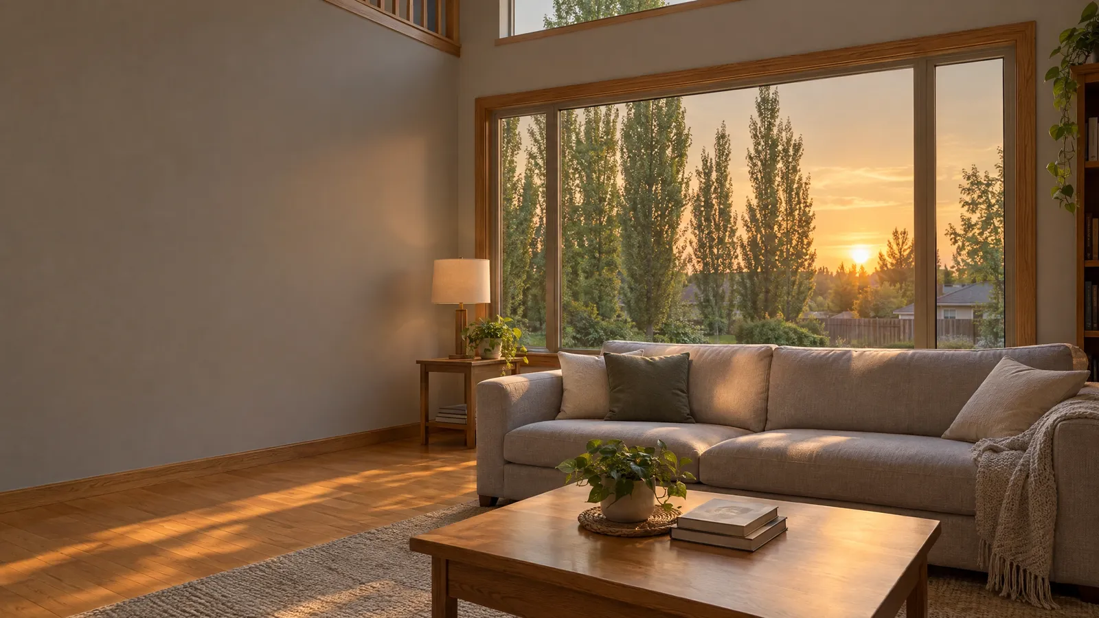 West-facing living room window with a subtle solar film softening the low evening sun over the backyard