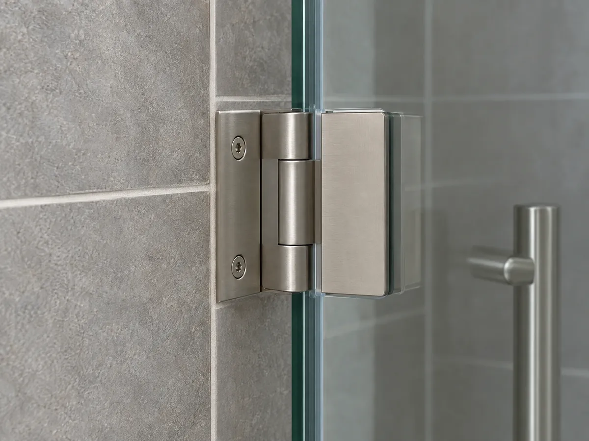 Brushed nickel wall-mount hinge clamping a frameless glass shower door to grey tile, with a bar handle behind