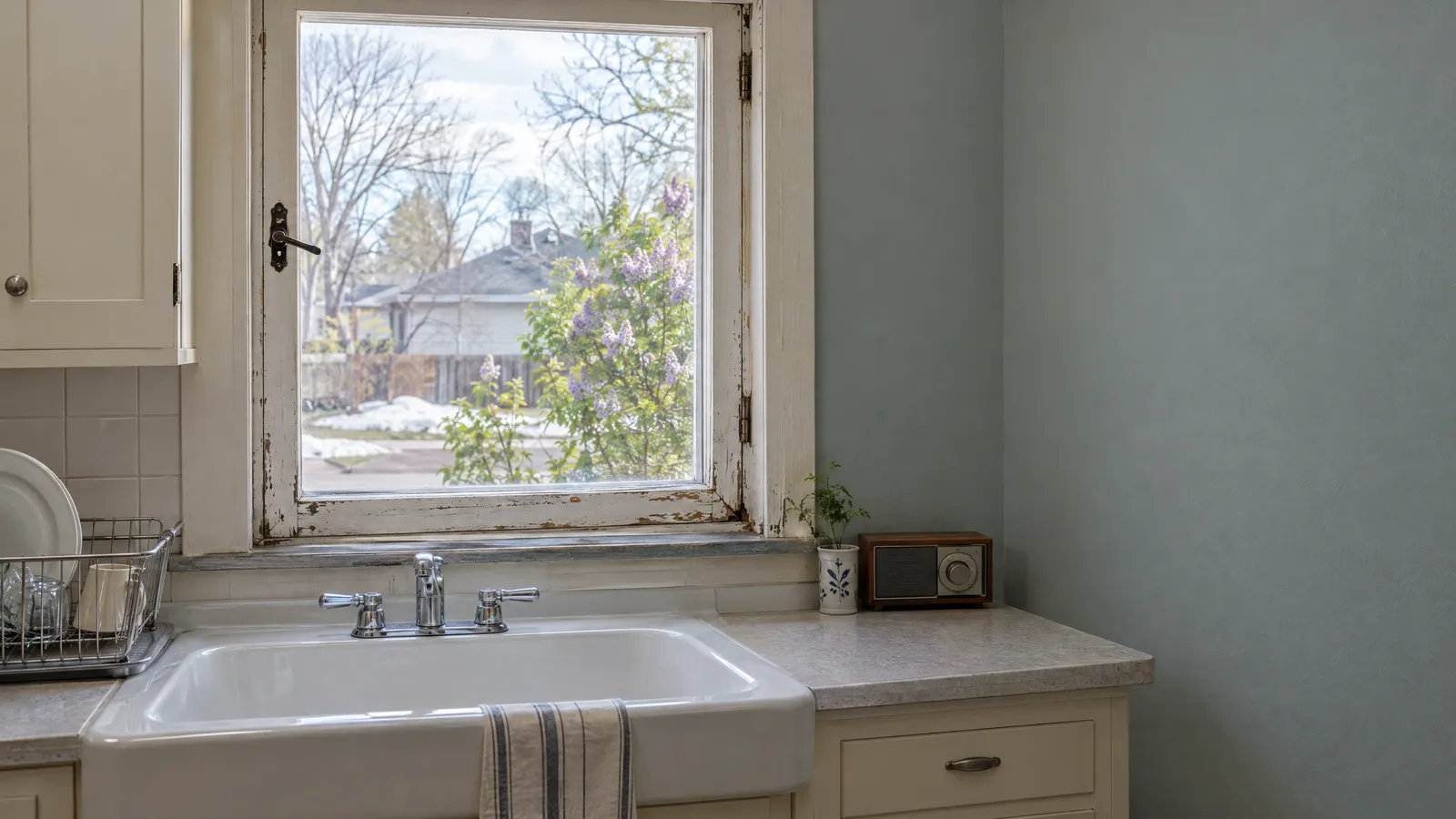 Older kitchen with a wood casement window above a white sink, its paint worn and peeling on the sash and sill, lilacs in bloom outside